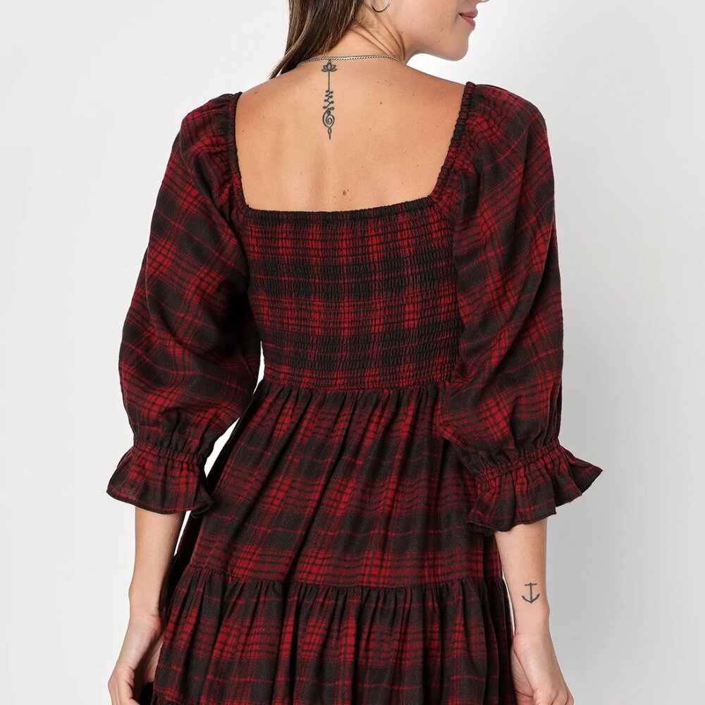 Lulus - No One Cuter Red and Black Plaid Puff Sleeve Tiered Mini Dress - Size S - Picture 2 of 7